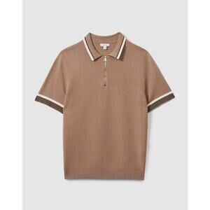 Reiss Men’s Knit Zip Polo Shirt Brown Short Sleeve Size M NWT